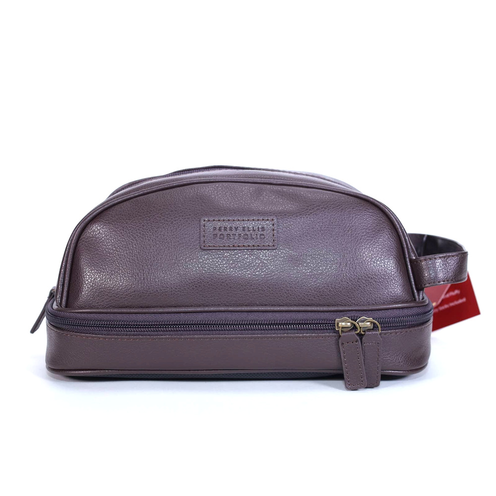 Perry Ellis Portfolio Dome Toiletry Faux Leather Travel Bag - Brown - NWT